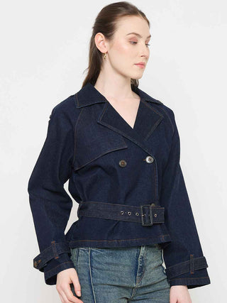 Madame Blue Denim Jacket with Faux Fur Collar and Sleeve Trim