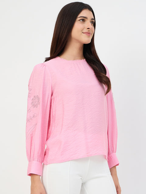Madame Pink Embroidered Bishop-Sleeve Viscose Top