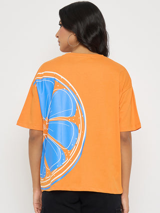 Madame Front and Back Graphic Print Orange Cotton T-Shirt