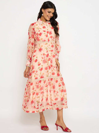 Madame Floral Print Tiered Peach Maxi Shirt Dress