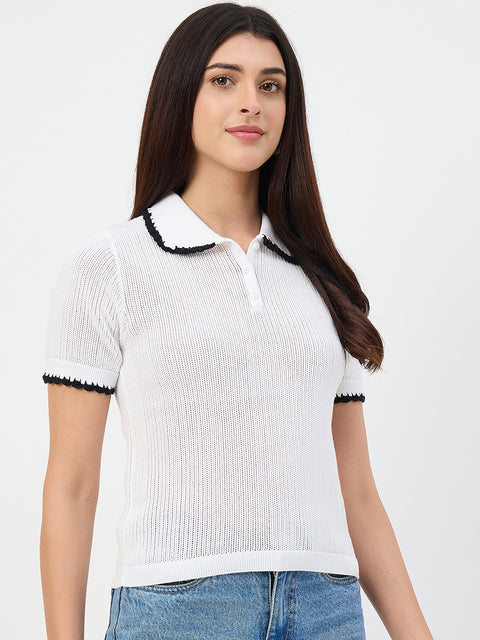 Madame White Contrast Trim Polo Knit T-Shirt