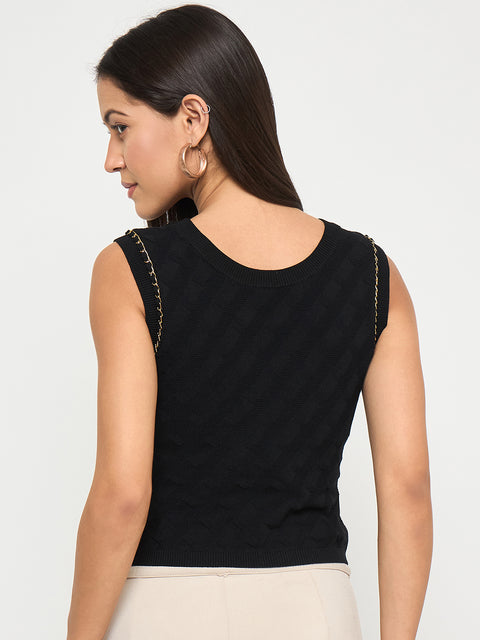Madame Chain Accented Sleeveless Black Knitted Top