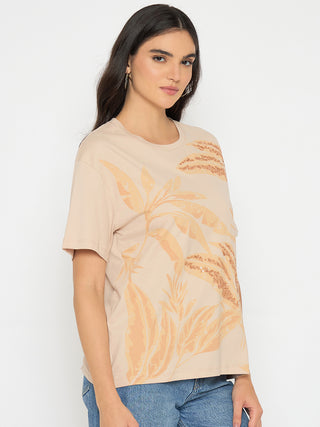 Madame Botanical Print Beige Cotton T-shirt