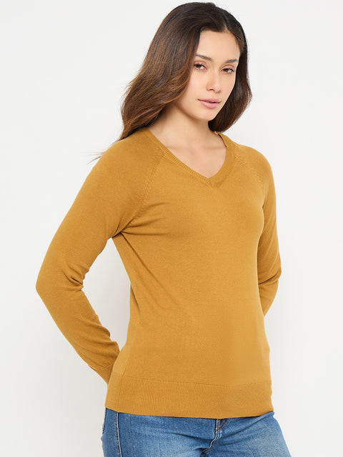 Madame V Neck Mustard Yellow Solid Sweater