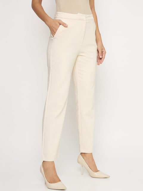 Madame Cotton Blend Slim Fit Beige Trousers