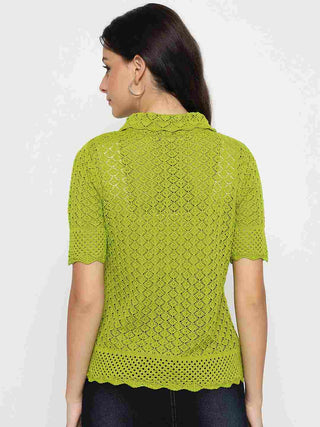 Madame Scalloped Hem Mehendi Green Knitted Polo Top