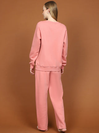 mSECRET Fleece Printed Round Neck Top and Bottom Pink Night Suit