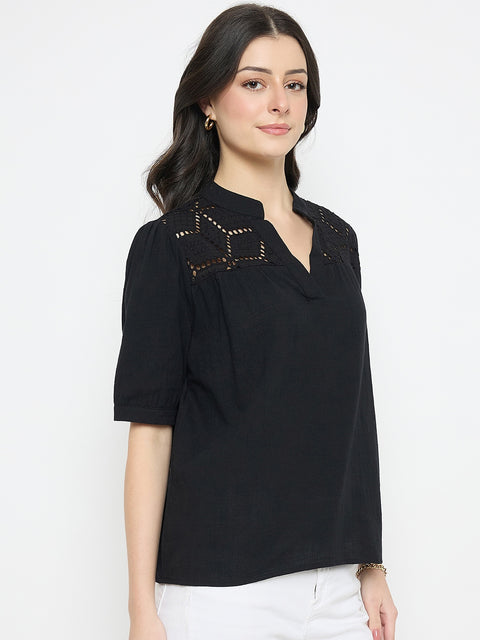 Madame Schiffli Detailing Black Cotton Top
