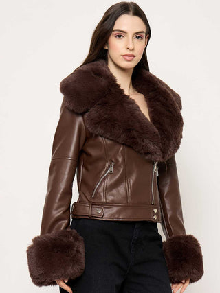 Madame Faux Fur Notch Lapel Collar Brown PU Leather Jacket