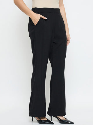 Madame Solid Straight Fit Black Trousers