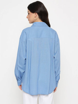 Madame Linen Blend Solid Cobalt Blue Shirt