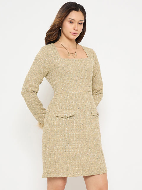 Madame Square Neck Beige Bodycon Dress with Feather Trim Sleeves