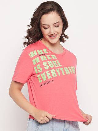Madame Pink Cotton Regular Fit Printed T-shirt