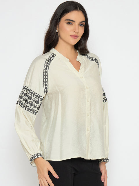 Madame Embroidered Off White Rayon Blend Top