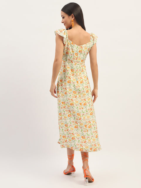 Madame Printed Front Slit Fit And Flare Ivory Dress