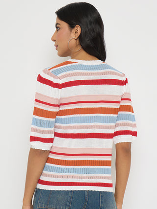 Madame Striped Multi-Color Open Stitch Knitted Top