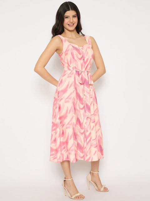 Madame Printed Sleeveless Pink Midi Dress