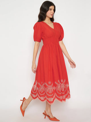 Madame Cutwork Embroidery Empire Waist Red Cotton Midi Dress