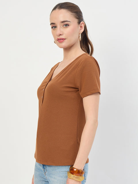 Madame Tan V-Neck T-Shirt with Button Placket