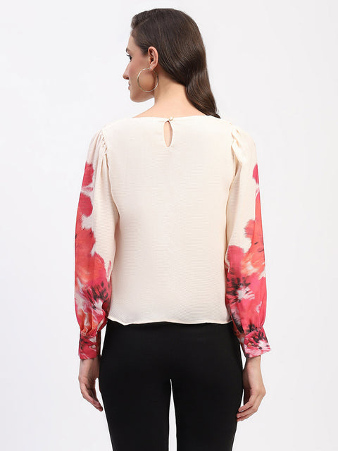 Madame Floral Print Cuff Sleeve Beige Top