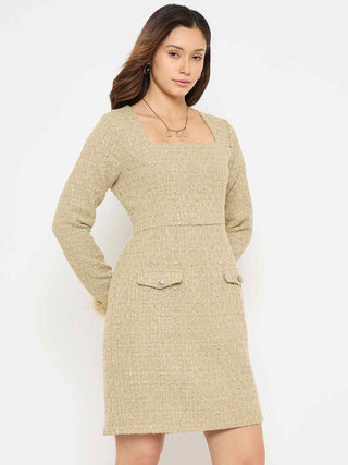 Madame Square Neck Beige Bodycon Dress with Feather Trim Sleeves