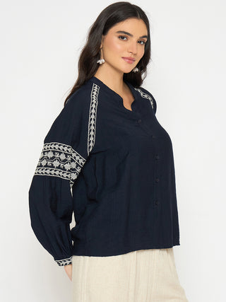 Madame Embroidered Navy Blue Rayon Blend Top