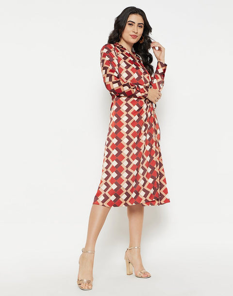 Madame Geometric Print Side Ruched Rosewood Midi Dress