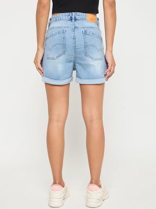Madame Rolled Hem Light Blue Cotton Blend Denim Shorts