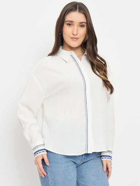 Madame White Textured Rayon Full Sleeve Shirt