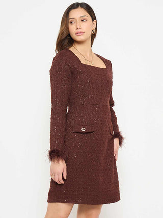 Madame Brown Bodycon Dress with Feather Trim Sleeves