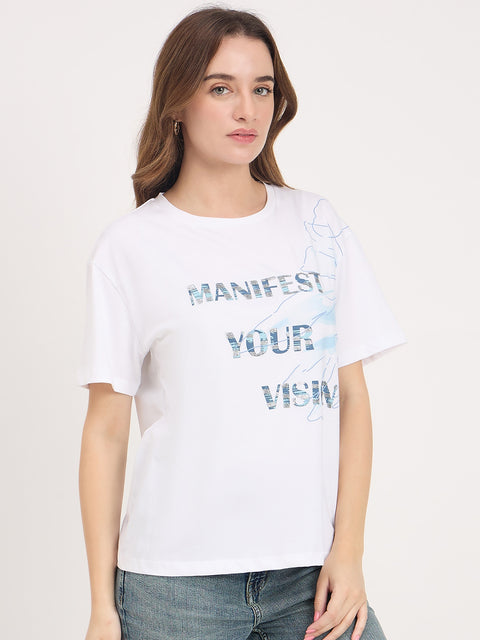 Madame White Typography Print Cotton Round Neck T-Shirt