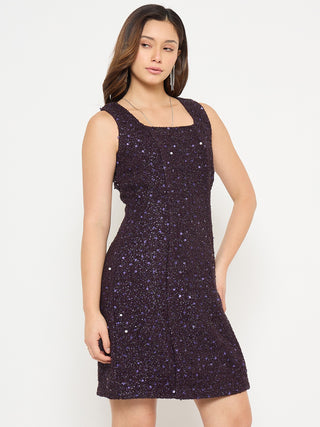Madame Square Neck Shimmery Purple Sheath Dress