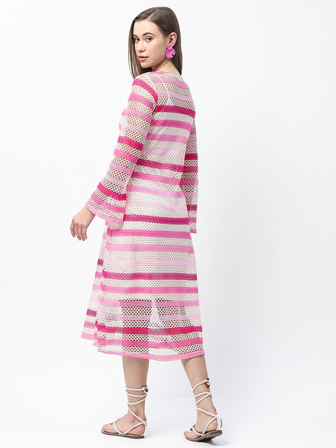 Madame Striped Crochet Knit Pink Sheath Midi Dress
