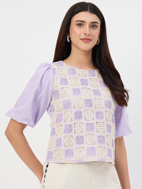 Madame Lilac Crochet Overlay Puff-Sleeve Top