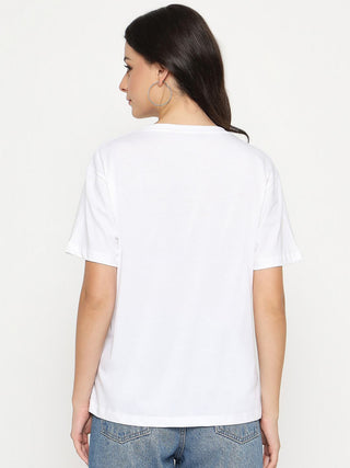 Madame Abstract Print Half Sleeve White Cotton T-shirt