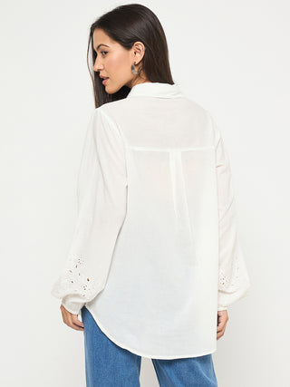 Madame Embroidered and Ruffle Trim Detailed White Cotton Shirt