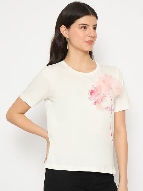 Madame Floral Applique White Cotton T-shirt