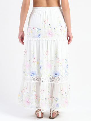 Madame Floral Print Tiered White Maxi Skirt
