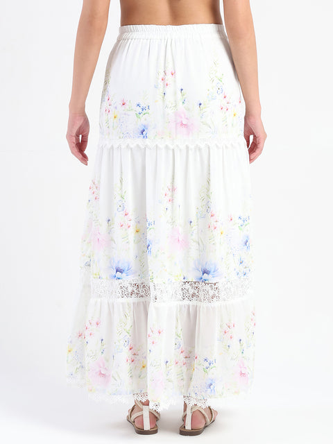 Madame Floral Print Tiered White Maxi Skirt