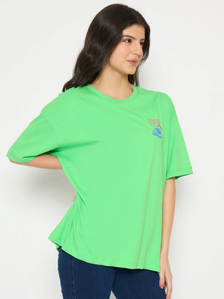 Madame Print Detailing Round Neck Green Cotton T-shirt