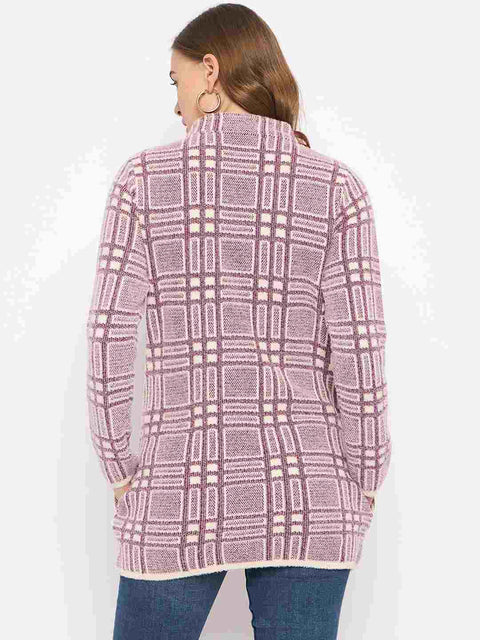 Madame Plaid Pattern Buttoned Wine Red Cardigan