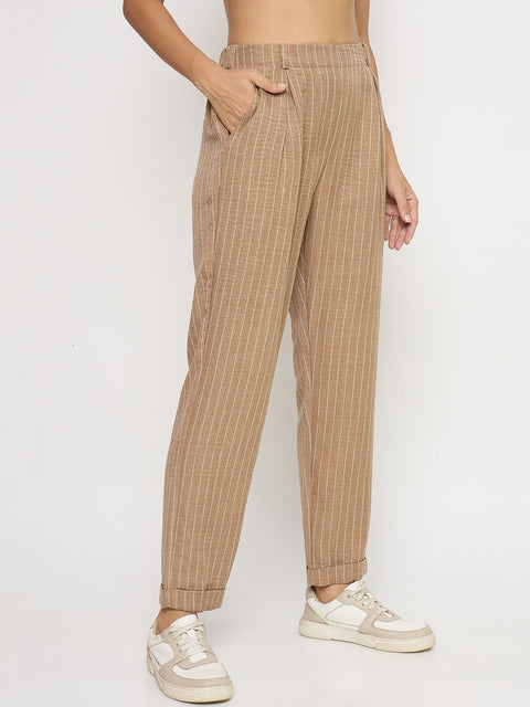 Madame Textured Brown Viscose Tapered Trousers