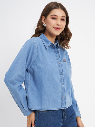 Madame Typography Print Collared Cotton Blue Shirt