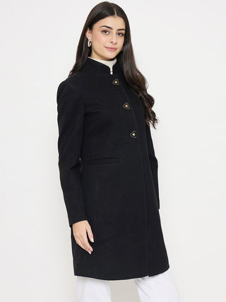 Madame Button Up Solid Black Long Coat