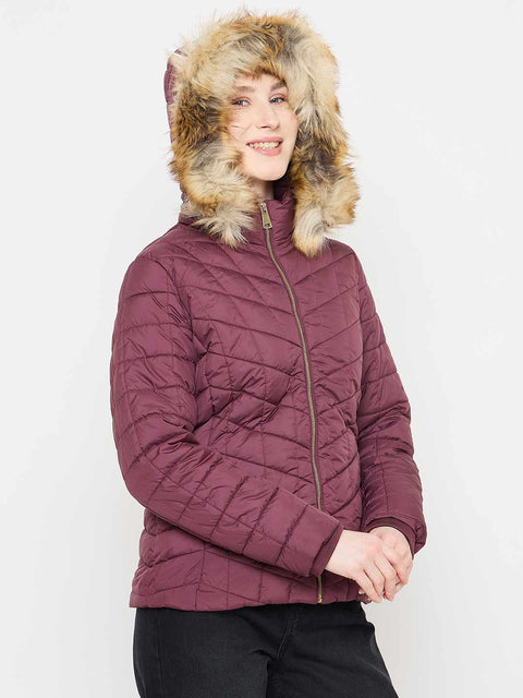 Madame Wine Colour Quilted Jacket with Faux Fur Hood