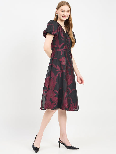 Madame Textured Burgundy Flared Dress
