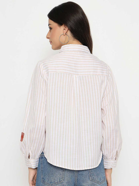 Madame Floral Embroidery Beige Striped Shirt