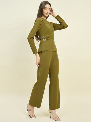 Madame Solid Olive Top with  Buckle Accent