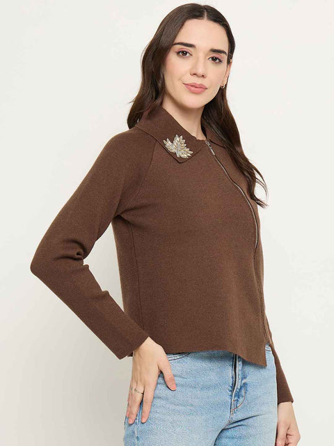 Madame Embroidered Collar Asymmetric Brown Sweater
