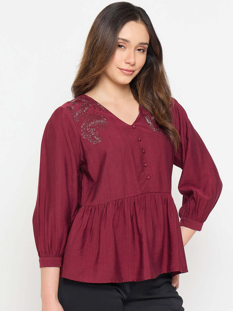 Madame Rayon Blend Wine Colour Peplum Top